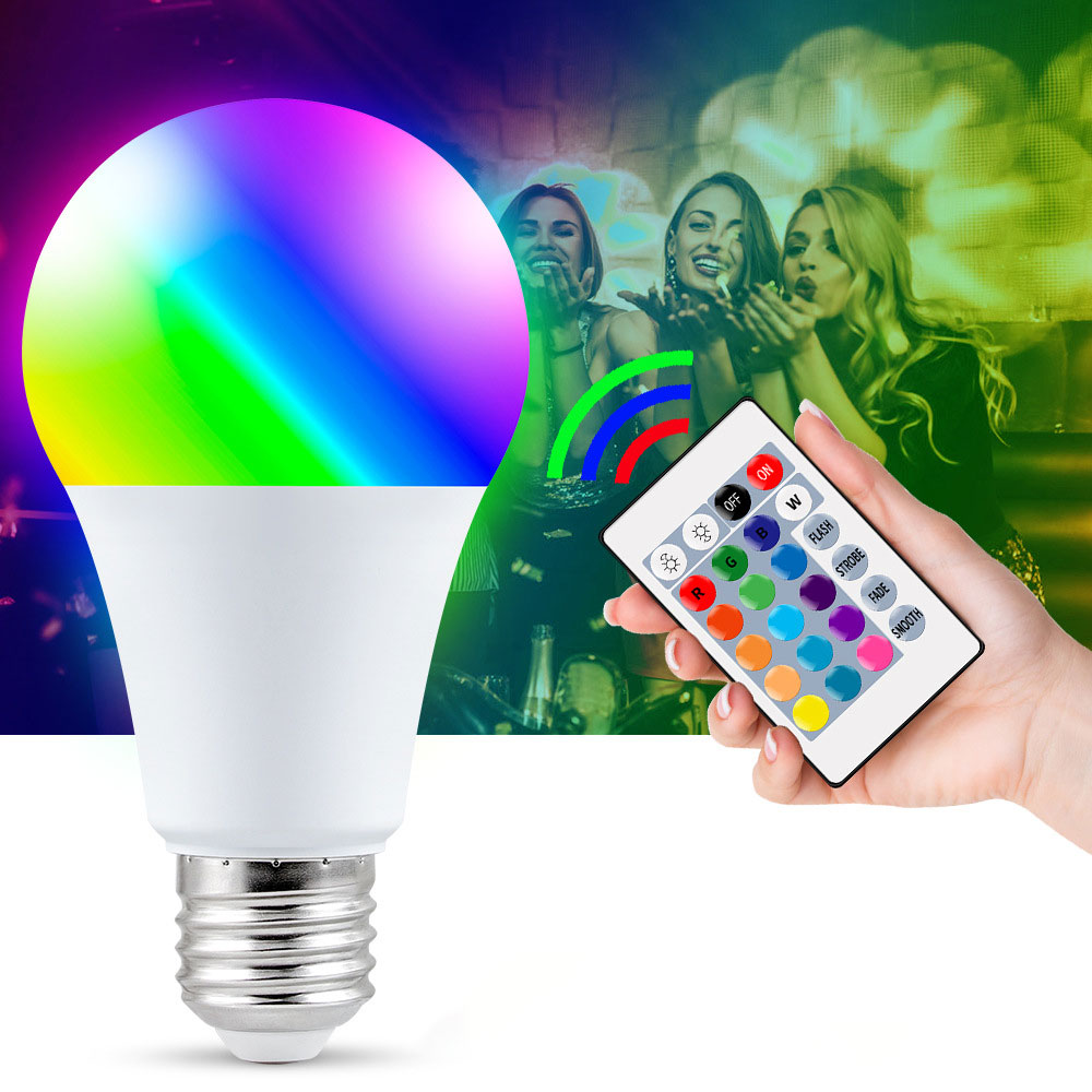 15W 10W 5W 원격 제어 RGB 전구 빛 색 전구 LED 다채로운 장식 전구 바 파티 분위기 빛 장식 E27 110V 220V